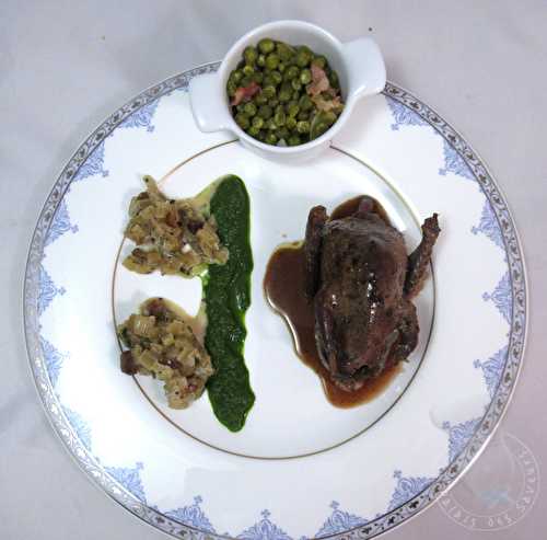 Pigeon rôti au jus réduit de cassis, fricassée de blettes aux noisettes