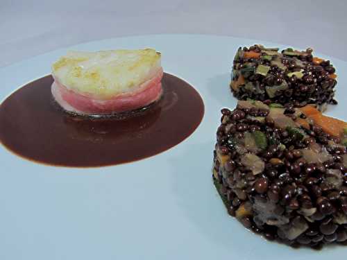 Tournedos de cabillaud, fricassée de lentilles au vin rouge