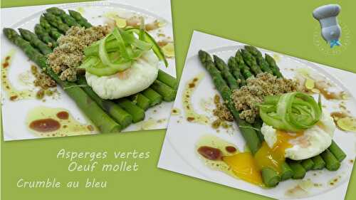 Asperges vertes, oeuf mollet et crumble au bleu