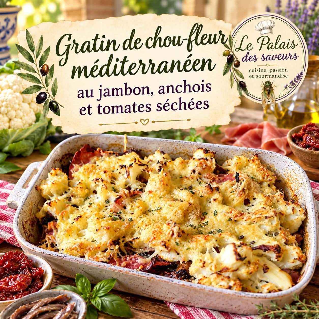 Gratin de chou-fleur Méditerranéen au jambon, anchois et tomates séchées