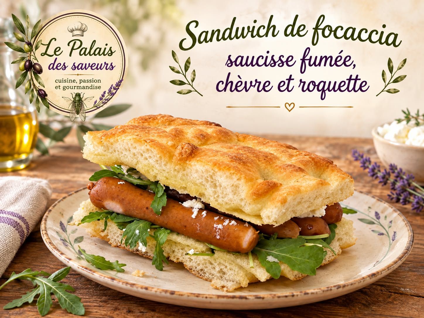 Sandwich de focaccia saucisse fumée, chèvre et roquette