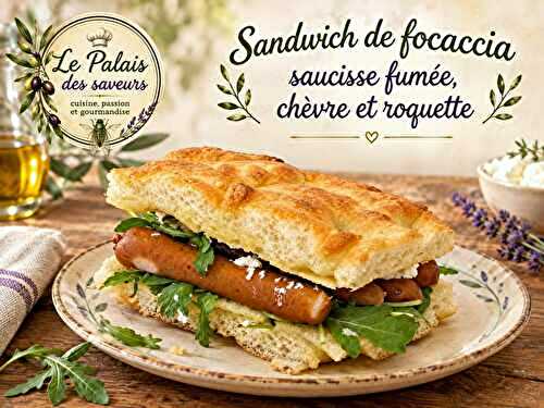 Sandwich de focaccia saucisse fumée, chèvre et roquette