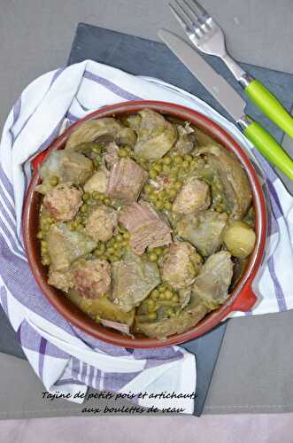 Tajine de petits pois et artichauts aux boulettes de veau