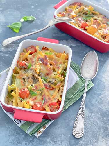 Gratin de pâtes méditerranéen lentilles poivrons