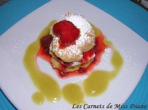 Choux à la crème glacée et à la compote de fraises et rhubarbe