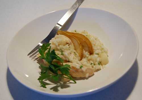 Risotto au poulet et aux poires à la mistelle de poires et pommes, sans gluten