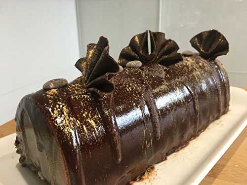 Bûche Mousse au Chocolat et à la Vanille sur Croustillant de Praliné
