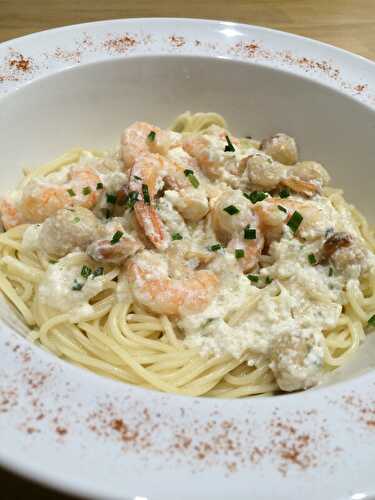 Spaghetti aux crevettes saint Jacques et ricotta