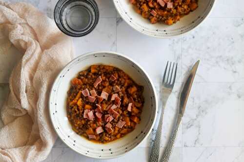 Mijoté de lentilles au butternut et bacon