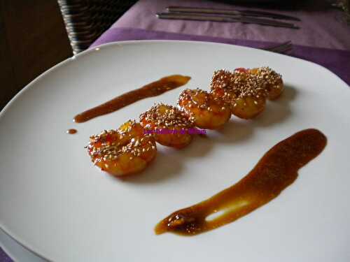 Brochettes de scampis au caramel d'oranges