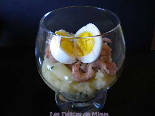 Ecrasé de pommes de terre, crevettes grises et œuf de caille (mise en bouche) - Les Délices de Mimm
