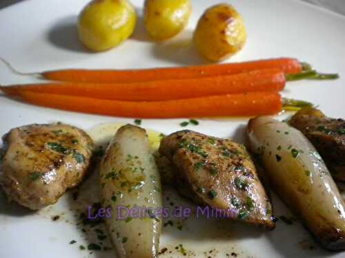 Filets de cailles au Xérès, échalotes caramélisées et carottes glacées.