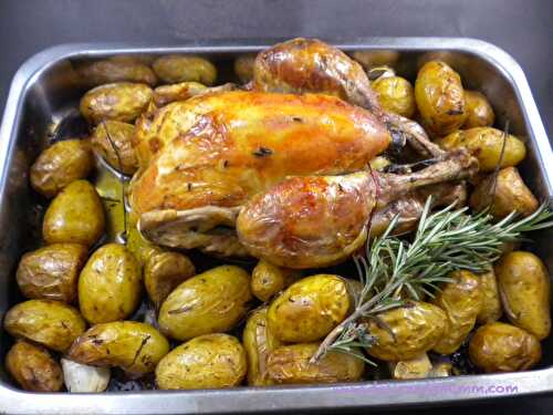 Poulet rôti aux herbes du jardin et aux petites grenailles