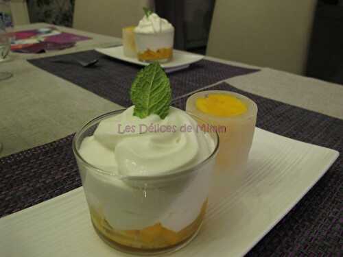 Verrine de mangue, espuma Pina Colada, coulis de fruits de la passion