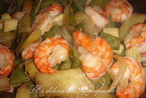 Crevettes sautées aux haricots plats