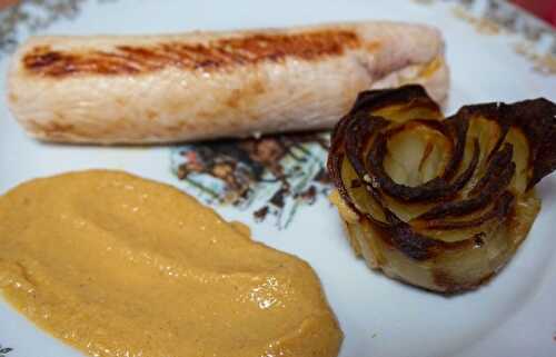 Ballotine de Dinde au Foie Gras,Pommes Granny Smith🍏 et sel de Camargue à la Truffe /Sauce au Foie Gras et Sauternes/ Roses🌹de Pomme-de-Terre 🥔au Sel de Truffe