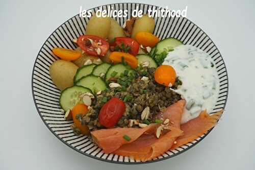 Assiette composée au saumon fumé et lentilles