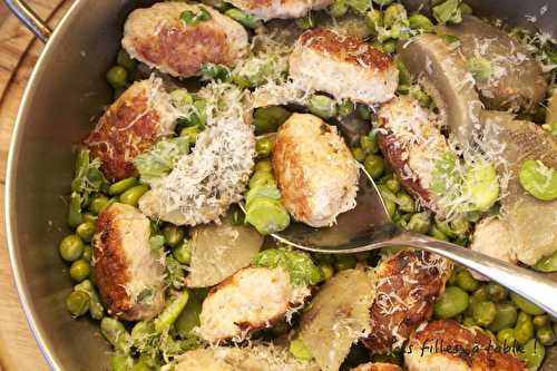 Boulettes de veau aux fèves, artichauts et petits pois