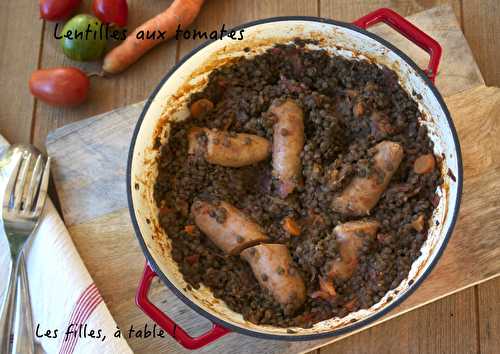 Lentilles aux tomates et saucisses confites au piment d’espelette