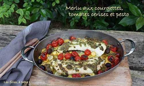 Merlu aux courgettes, tomates cerises et pesto