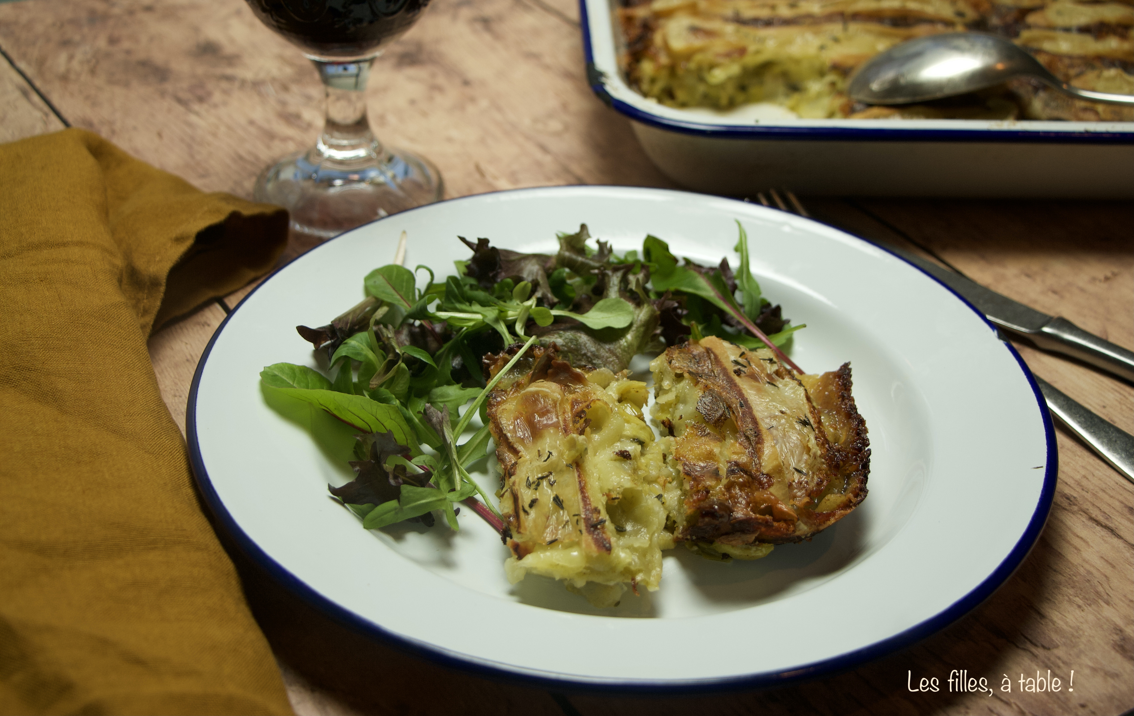 Gratin de poireaux, ravioles et reblochon