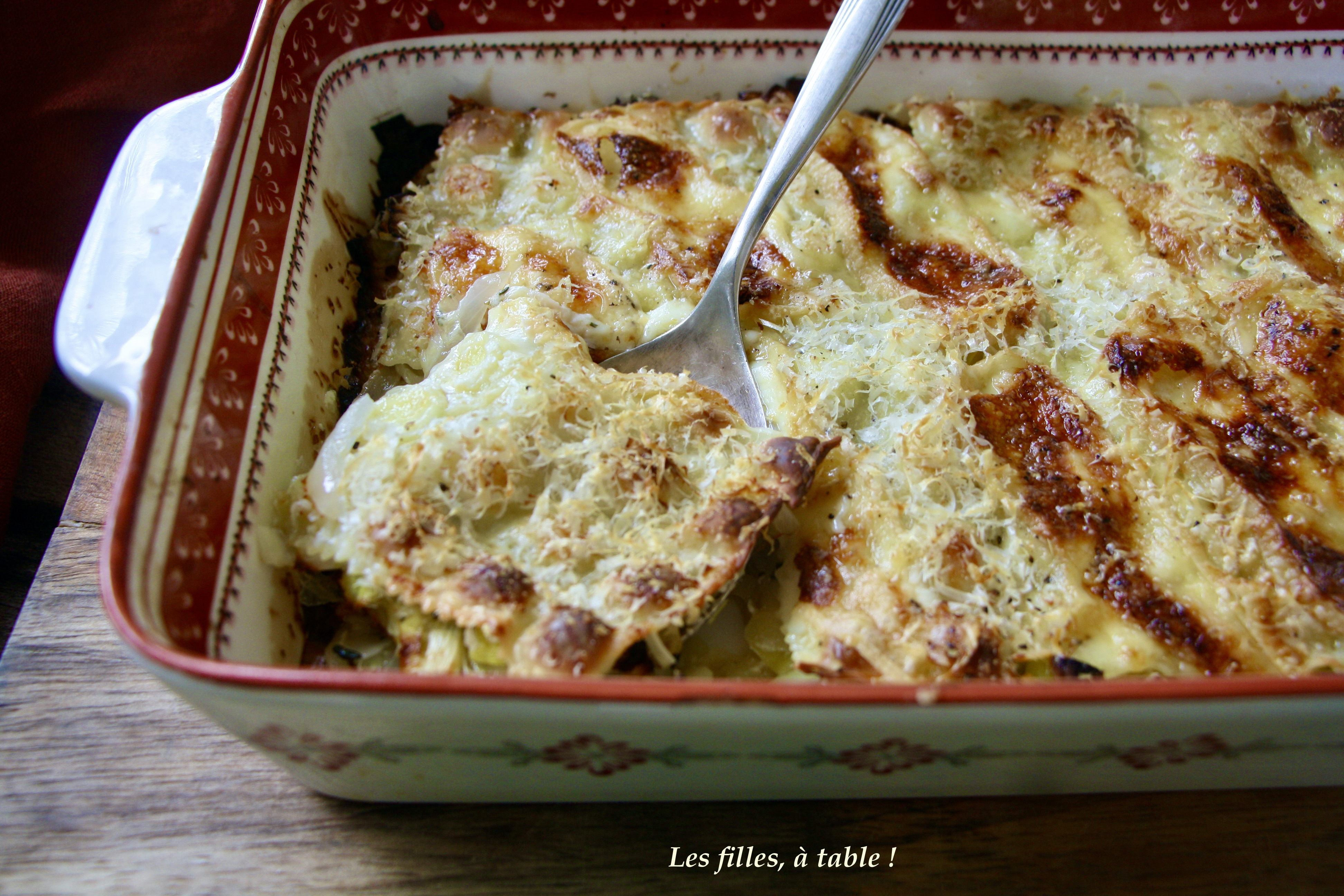 Gratin de ravioles aux poireaux et munster