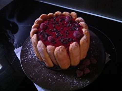 Charlotte maison au chocolat praliné nougatine et son coulis de framboises citron .