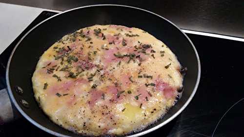 Mon omelette aux oignons , jambon emmental poivre noir .