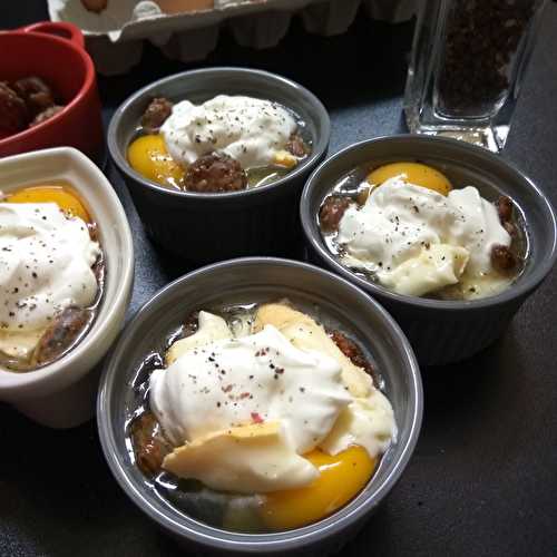 Oeufs  cocottes aux Diots ( épinards ) de Savoie Reblochon fermier en route pour un atelier gourmand .