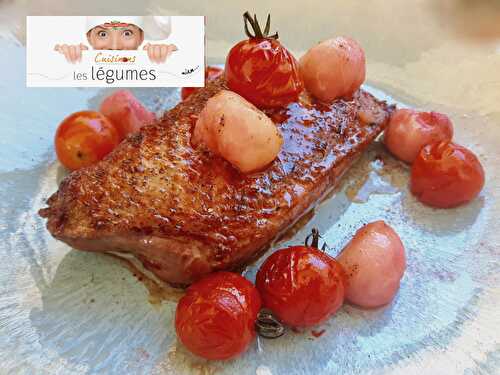 [La tomate créative!] Filet de canette grillé. Billes de pêche blanche et tomates cerises. La sélection par "Cuisinons les légumes!" - Les Gourmands disent ...