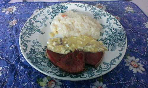 Langues de porc en sauce et risotto au bouillon