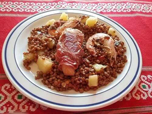 Marmite de lentilles marinières et lotte au serrano