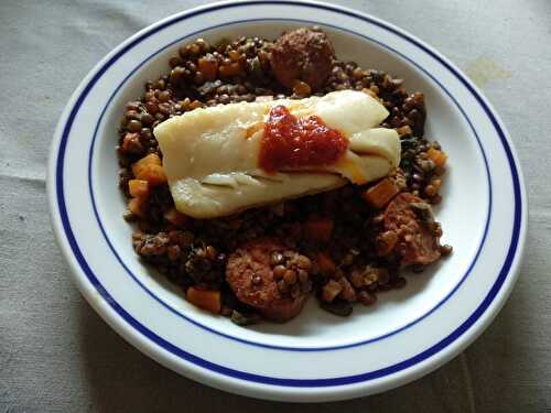 Pavés de cabillaud et chorizo aux lentilles et épinards au beurre de chorizo