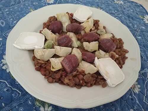 Salade de gésiers de canard confits aux lentilles et aux artichauts et fromage de chèvre