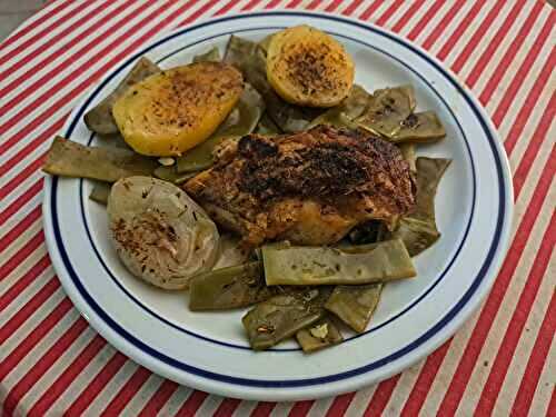 Blancs de poulet rôtis aux haricots verts et pommes de terre aux olives vertes