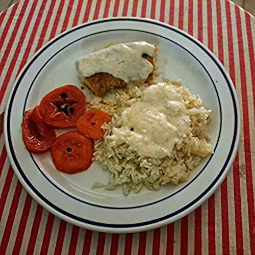 Filet mignon de porc et riz blanc au gorgonzola et papaye poêlée