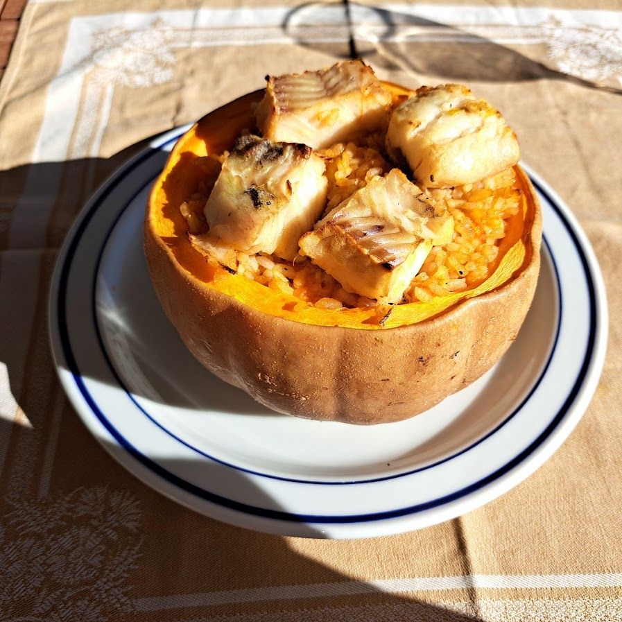 Courge butternut farcie au rizotto de gambas et cabillaud