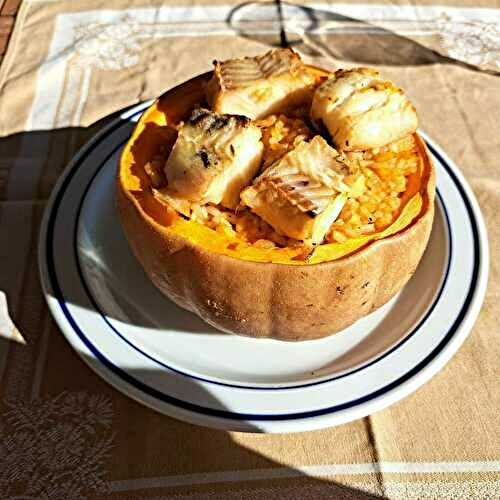 Courge butternut farcie au rizotto de gambas et cabillaud