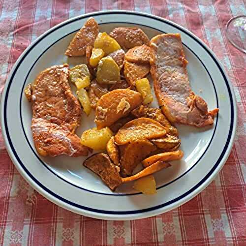 Longe de porc marinées et pommes de terre et patates douces rissolées