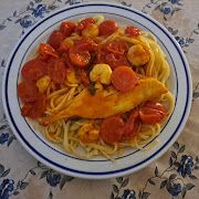 Filets de courbine et gambas aux tomates cerise et tagliatelle