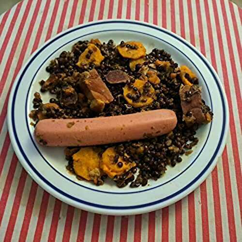 Lentilles et patate douce aux saucisses et saucisson sec