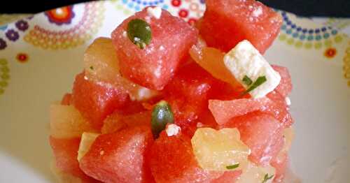 SALADE DE PASTÈQUE, TOMATES JAUNES ET FETA