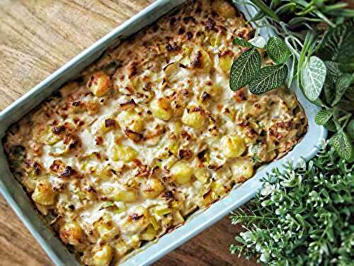 Gratin de gnocchis, poireau, thon et gorgonzola