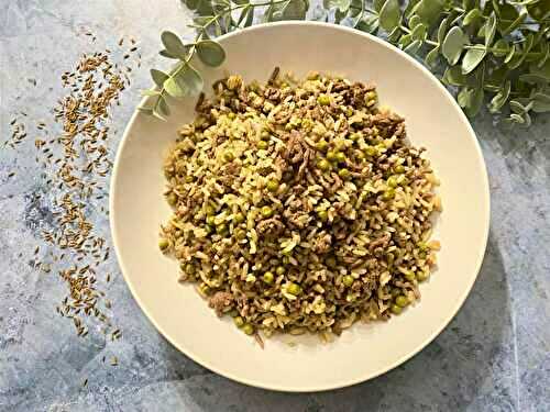 Riz, bœuf haché, et petits pois au cumin