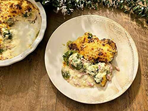 Gratin de choux de Bruxelles et bacon, sauce Mornay