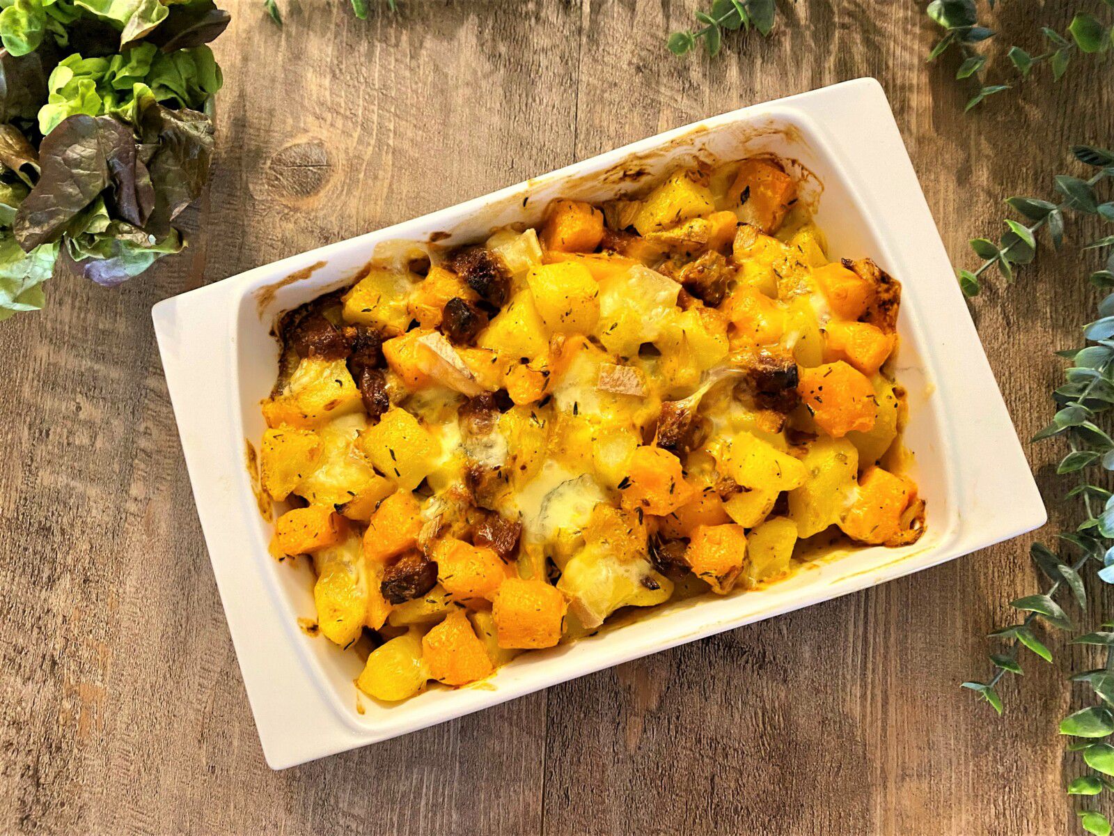 Gratin de pommes de terre, potimarron et chorizo au morbier