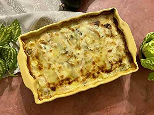 Gratin de ravioles aux poireaux et munster