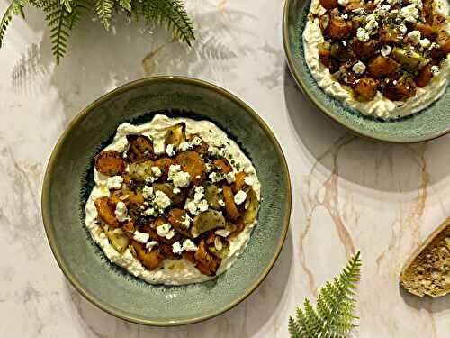 Légumes rôtis au sirop d’érable, crème à la feta et citron