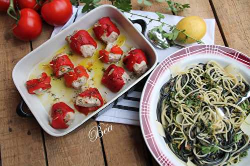 Bouchées de thon frais aux poivrons marinés et duo de spaghetti à la grémolata