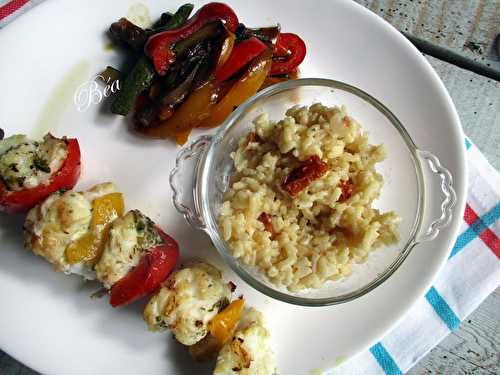 Brochette de lotte marinée aux algues et risotto aux tomates confites - balade bretonne : les abers - Les petits plats de Béa